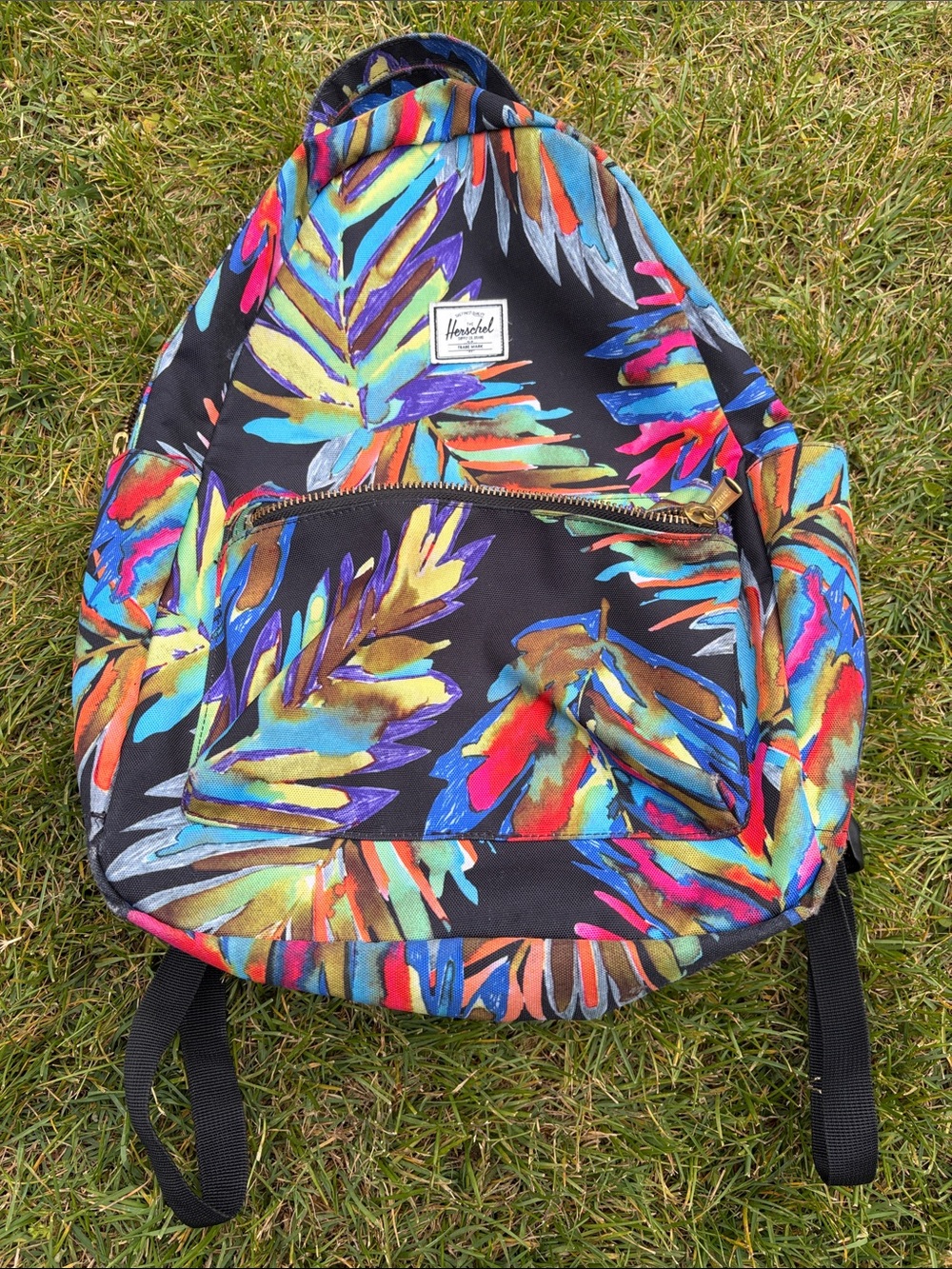 Herschel Supply Company Black Backpack with Vibrant Tropical Feather Print